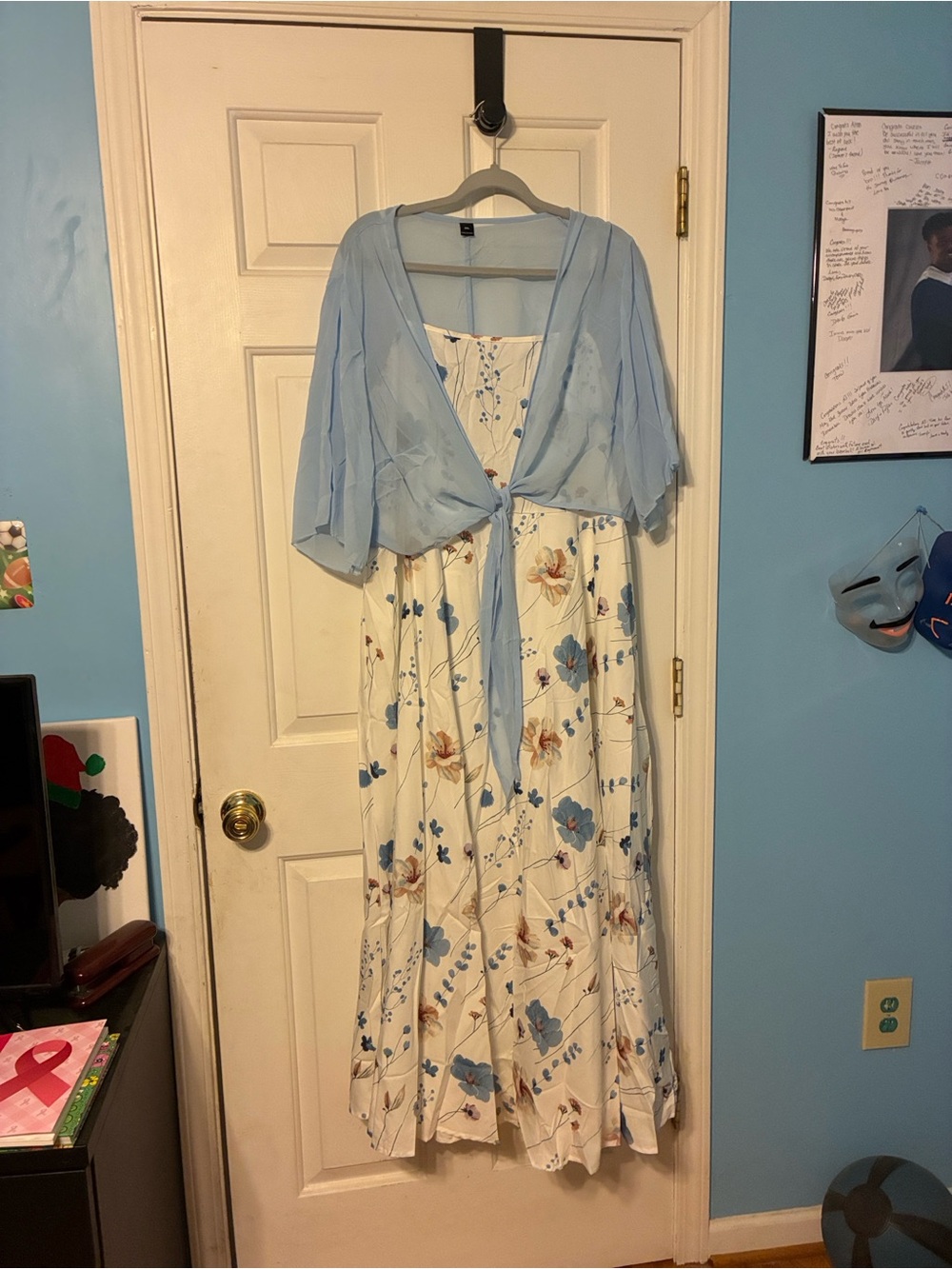 Light Blue Floral Maxi Dress with Sheer Tie-Front Cover-Up